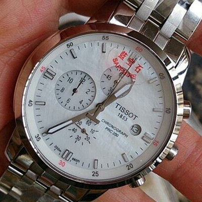 天梭精鋼全散珠6針日曆白盤密底進口石英男錶