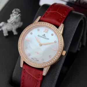 積家女士貝母面鑲鑽皮帶瑞士石英女士腕錶